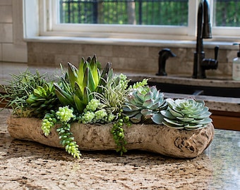 Cement Concrete Driftwood Log Planter with Artificial Succulents - Custom Colors