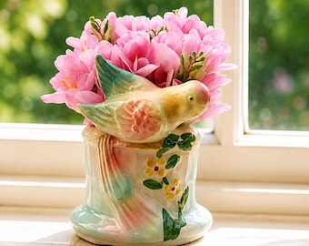 1940s Parrot Vase with Lifelike Pink Freesia Flowers - Bird Lover Gift