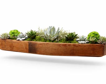 Wine Barrel Stave Planter with Succulents, Faux Succulent Garden Centerpiece, Winery Decor