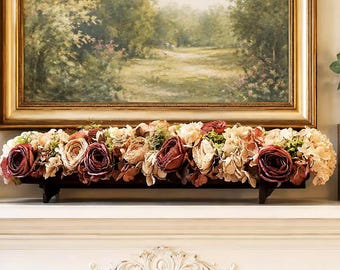 44 Inch Dry Look Coffee and Cream Hydrangea & Rose Centerpiece, Mantel - Dining Table - Console Decor