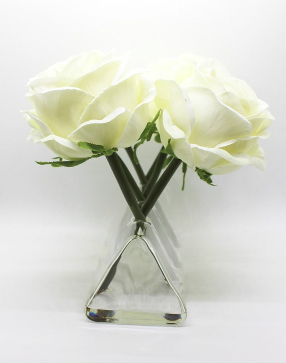 White Silk Roses In A Clear Glass Triangle Vase With Acrylic Etsy