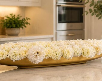 52 Inch Long All White Floral Centerpiece, Faux Hydrangeas Peonies Roses, Gold or Silver Boat Vase