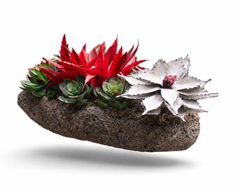 Lava Stone Planter with Red, Gray and Green Artificial Succulents