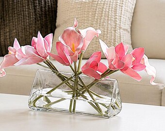 Pink Real Touch Orchids Tulips Floral Arrangement, Glass Flute Vase (Faux Water)