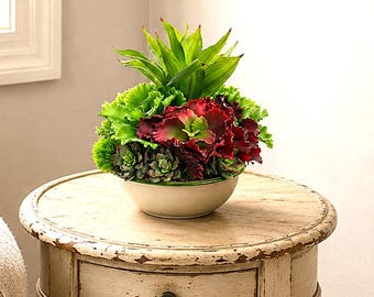 Burgundy Red Succulent Arrangement: Vintage Enamelware Bowl Centerpiece
