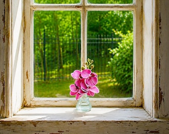 Petite Pink Orchid Arranged in a Vintage Blue Glass Ink Bottle with Acrylic Water