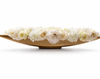 52" All White Floral Centerpiece: Hydrangeas, Peonies, Roses in Gold or Silver Boat Vase