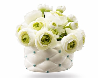 Vintage Ceramic Vanity Box Arrangement: Faux Ranunculus & Preserved Moss
