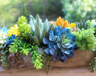 Cement Log Planter with Green, Blue, Yellow Artificial Succulents: Wood-Look Concrete
