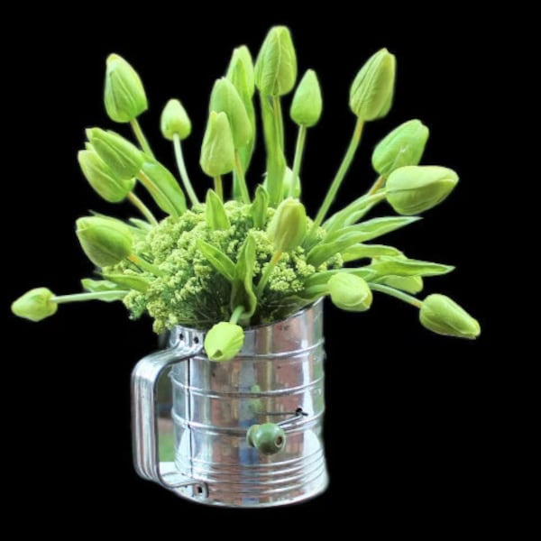 Real Touch Green Tulips & Cluster Flowers Arranged in a Vintage Bromwell's Flour Sifter