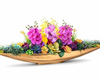 52 Inch Orchid, Calla Lily & Succulent Centerpiece: Metal Boat Vase