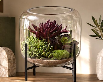 Artificial Succulent Terrarium, Glass Vase with Faux Dirt, Preserved Moss, Black Metal Stand