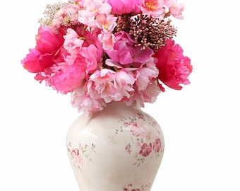 Pink Cherry Blossoms, Boysenberry Peonies and Sedum Bouquet in a Ceramic Floral Print Vase