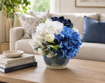 Ceramic Swirl Vase with Blue and White Floral Bouquet