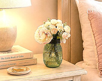 Peony Bouquet in a Pastel Green Medallion Glass Jar with Frog Lid and Faux Water