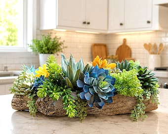 Cement Concrete Log Planter with Green, Blue, Yellow Artificial Succulents: Wood-Look Concrete