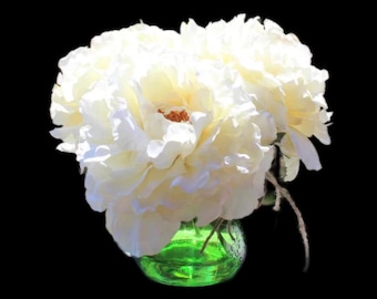 Cream Peonies Arranged in a Green Petite Mason Jar with Acrylic Water, Petite Floral Arrangement