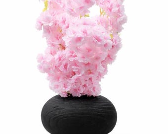 Tall Pink Cherry Blossoms Arranged in a Matte Black Wooden Solace Vase