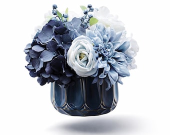 Blue and White Floral Bouquet in a Dark Blue Ceramic Vase