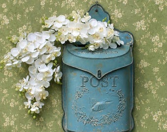 Nantucket Blue Metal "Post" Mailbox with White Orchids, Ideal for  Porches or Entryways