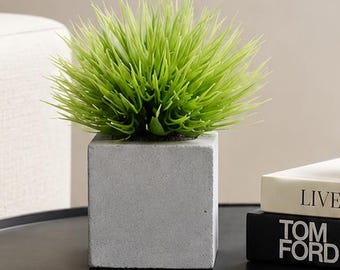 Contemporary Gray Cement Cube Planter with Artificial Green Grass
