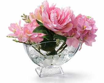 Pink Peony and Freesia in a 1940s Verlys Lovebirds Crystal Footed Vase