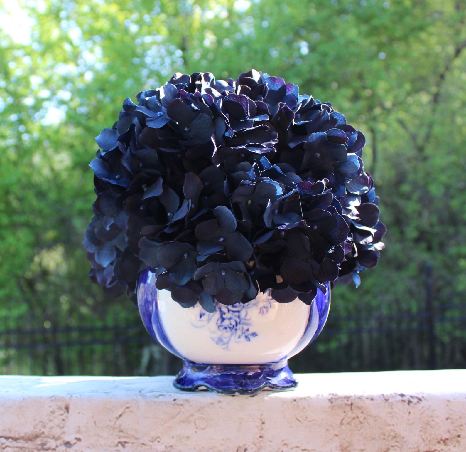 Navy Blue Silk Hydrangeas Arranged in a Vintage Round Asian | Etsy