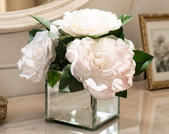 Glam White Real Touch Camellias in a Beveled Mirror Cube Vase