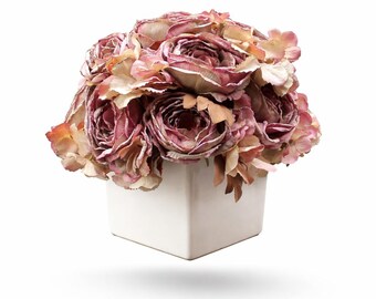 Dusty Purple Roses and Hydrangeas Gathered in a Glossy White Ceramic Cube Vase
