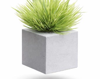 Gray Cement Cube Planter with Artificial Green Grass