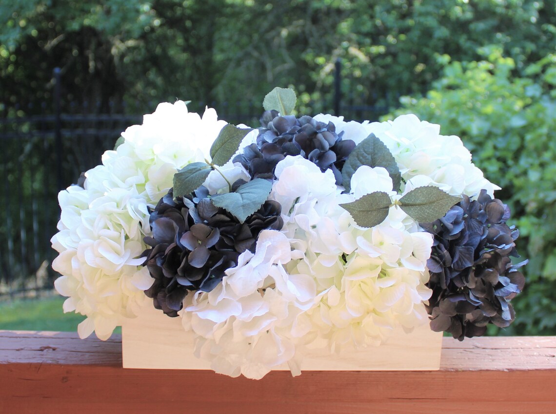 Navy Blue and White Hydrangea Arrangement in a Rectangle White - Etsy