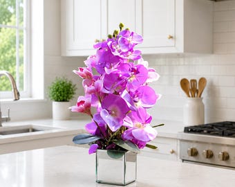 Real Touch Lavender Cymbidium and Purple Phalaenopsis Orchid Arrangement in Beveled Mirror Cube Vase