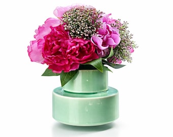 10x10 Boysenberry Peony and Sedum Arrangement in a Green Earthenware Bobby Vase