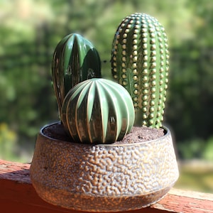Ceramic Cacti Planted in a Decorative Metal Vessel with Faux Dirt, Desert Decor