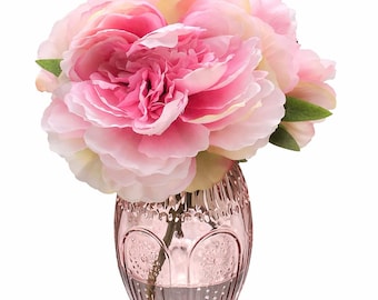 Pink Peonies in a Pink Pastel Medallion Glass Jar with Artificial Water