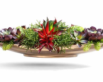 31 Inch Silver Aluminum Boat Bowl with Artificial Succulents: Modern Centerpiece