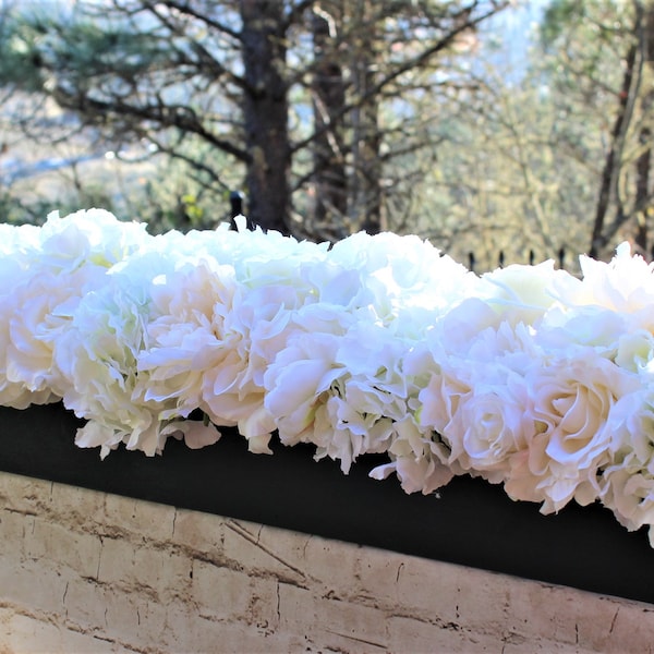 38 Inch All White Floral Centerpiece, White Hydrangeas, White Peonies, White Roses in a Black Wooden Trough - Other Colors Available