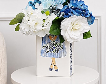 Blue and White Floral Arrangement - Girl in a Dress Ceramic Book Vase