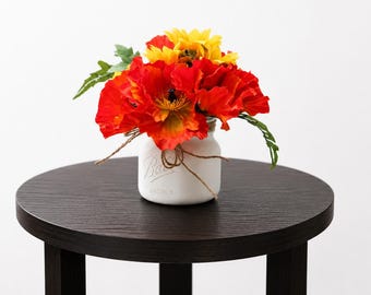 California Poppies and Yellow Sunflower Mason Jar Arrangement