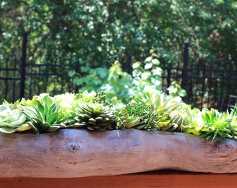 30 Inch Cement Concrete Driftwood Log Planter with Artificial Succulents – Choose Colors