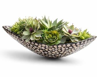 Coastal Inspired Centerpiece - Gray and Green Faux Succulents in a Large Mother of Pearl Vessel