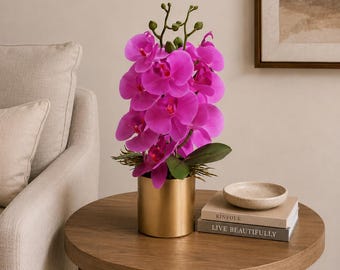 Fuchsia Real Touch Orchid Arrangement: Gold Vase, Desktop Decor
