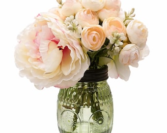 Peony Bouquet in a Pastel Green Medallion Glass Jar with Faux Water, Spring Floral Decor