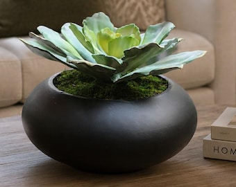 Large Realistic Echeveria Succulent in Black Mango Wood Bowl, Faux Succulent Centerpiece, Modern Table Decor