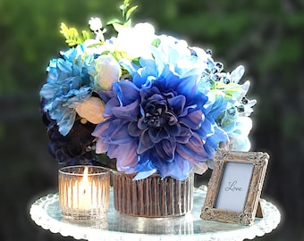 Blue and White Floral Bouquet in a Blue Jewel Martini Ceramic Vase