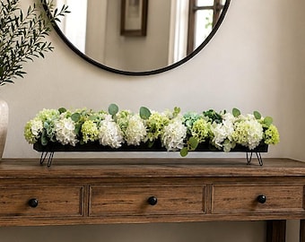 Upcycled Poultry Trough with Hydrangeas and Eucalyptus , Choose 36 or 48 Inch