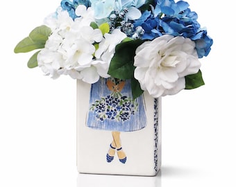 Girl in a Dress Ceramic Book Vase with Blue and White Flowers