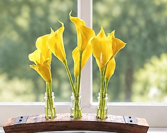 Wine Barrel Stave Flower Vase with Yellow Calla Lilies and Faux Water