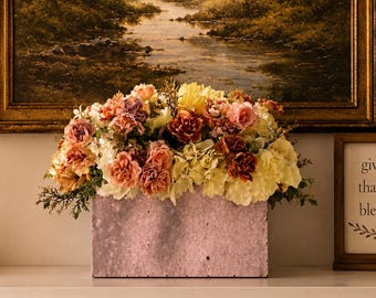 Dahlias, Hydrangeas, Peonies and Roses in a Tall Narrow Galvanized Metal Planter