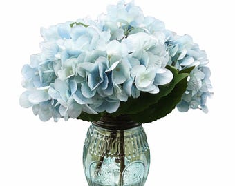 Water Look Blue Hydrangeas in a Pastel Medallion Glass Jar